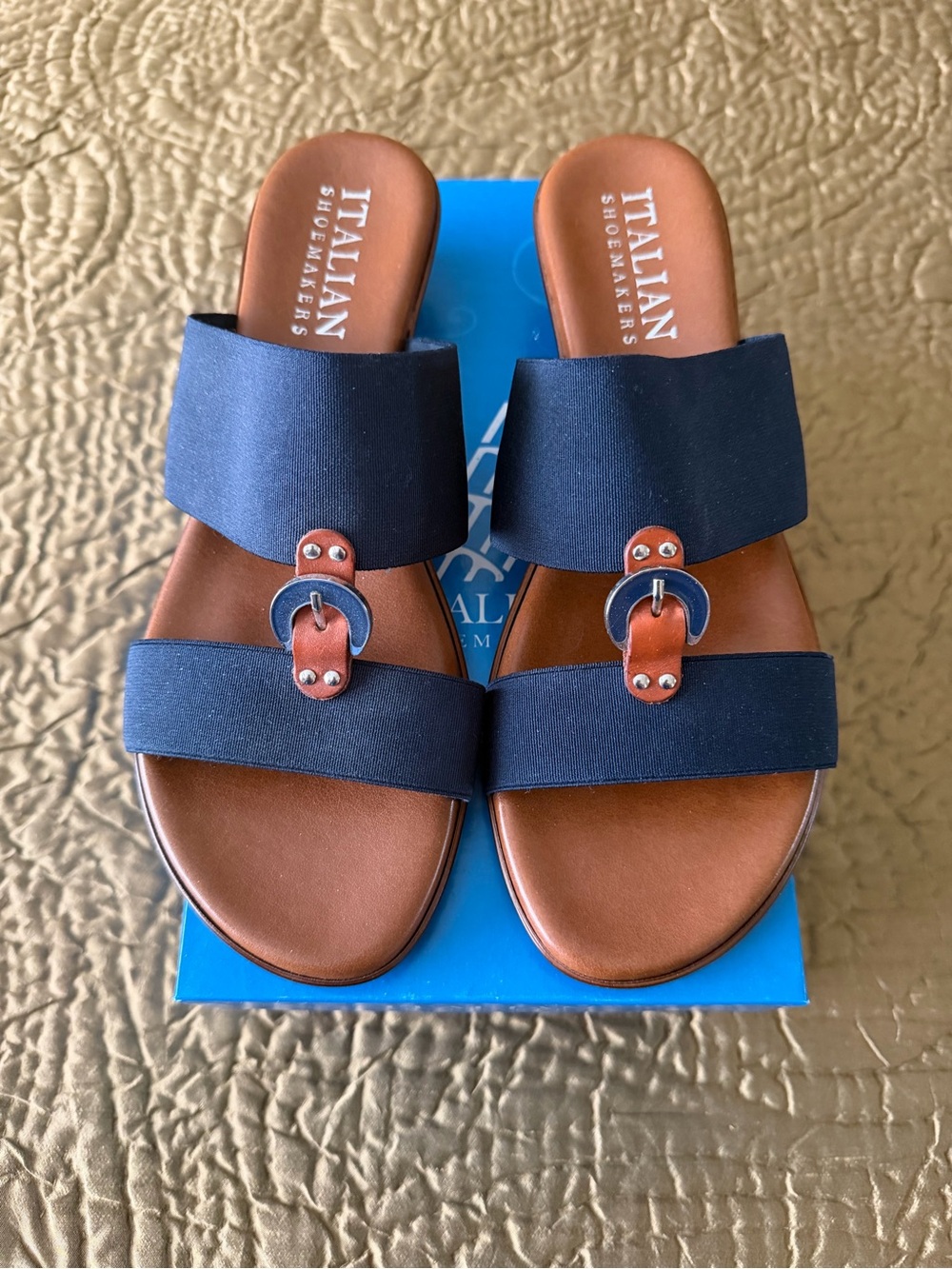 Italian Shoemakers Navy and Brown Double-Strap Slide Sandals